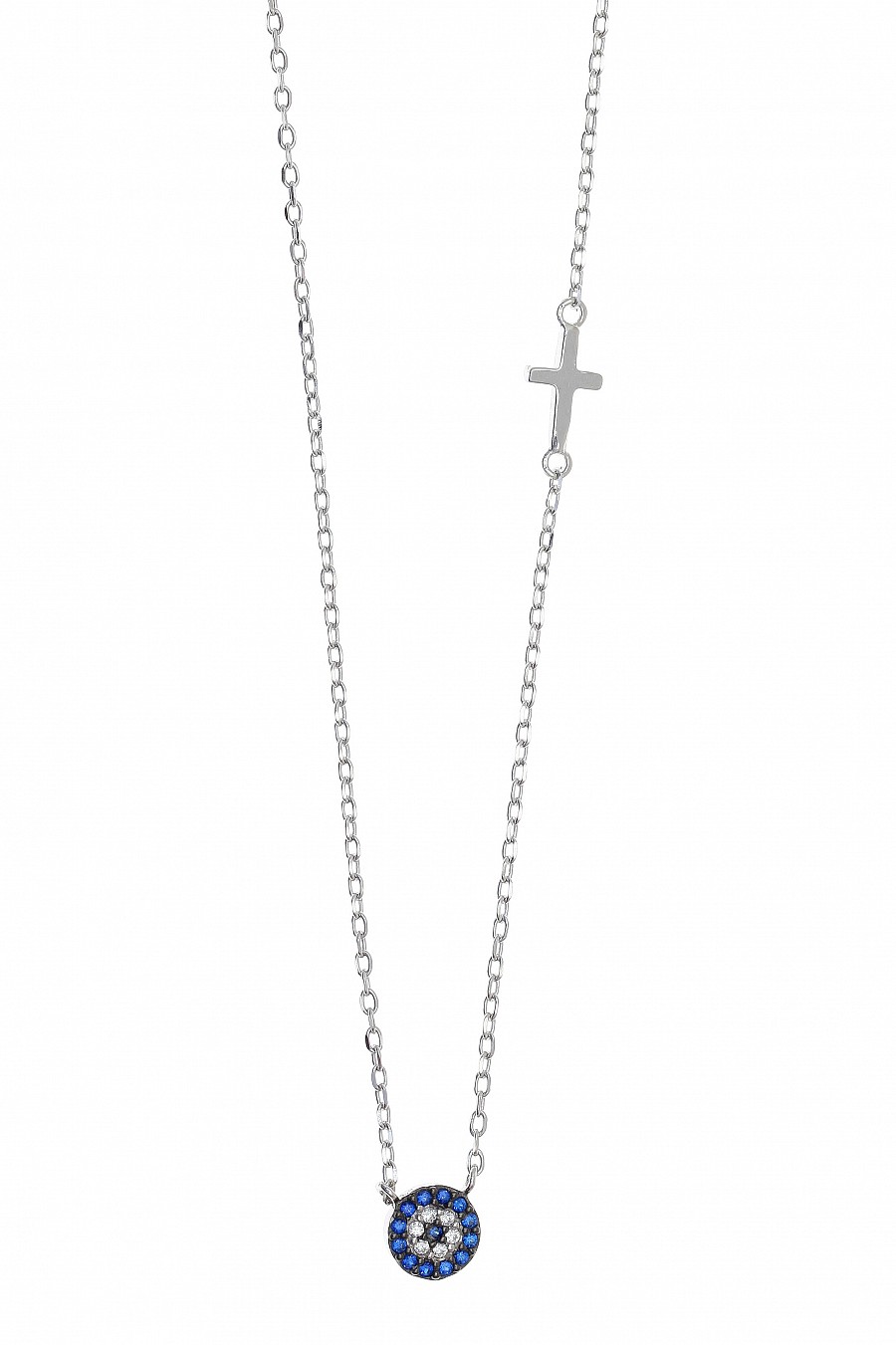 Ασημένιο Κολιέ 925 με μάτι στόχο με ζιργκόν και Σταυρό