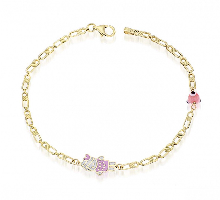 Χρυσό Παιδικό Βραχιόλι Κ9 μάτι και κοριτσάκι με σμάλτο