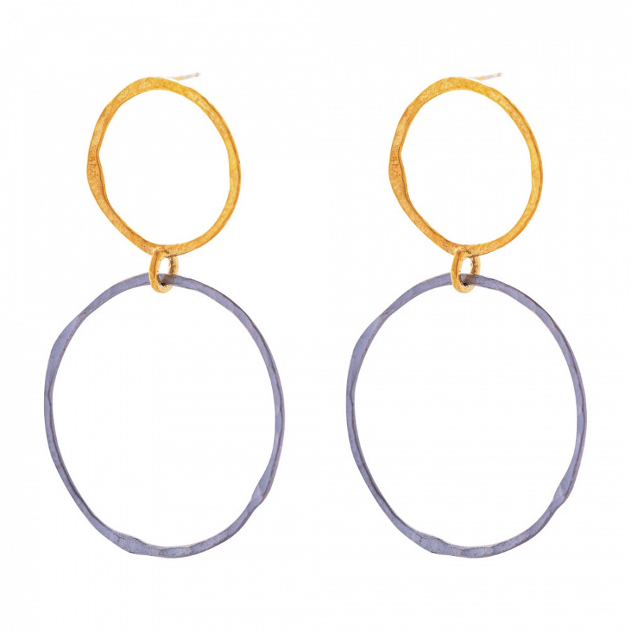 Ασημένιο Σκουλαρίκι 925 επιχρυσωμένο σφυρήλατο διπλός κρίκος μαύρο χρυσό